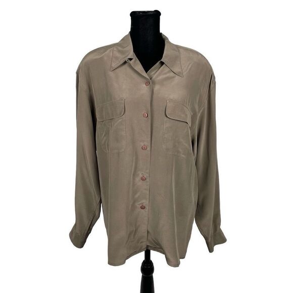 Silk Land Vintage 100% Silk Gray Safari Button Down Shirt - Women’s 12 - Picture 1 of 6